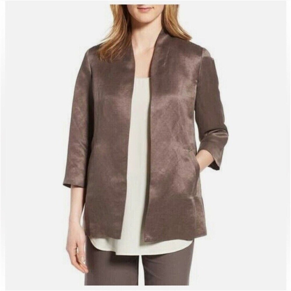 Eileen Fisher Organic Linen Silk Open Front Jacket Bronze Brown Medium S17GSO